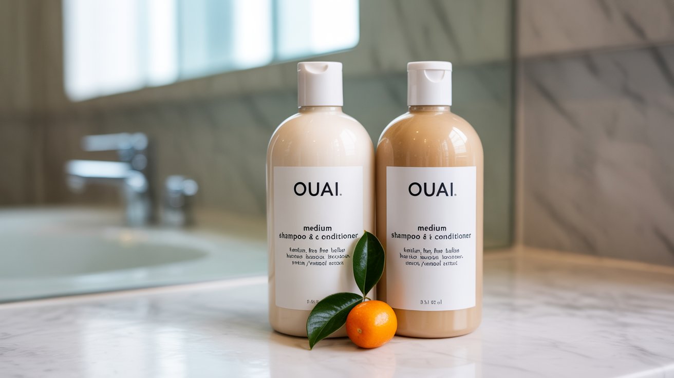 OUAI Medium Shampoo and Conditioner set in matching 10 fl oz cream & beige bottles, sulfate‑free formula with keratin, shea butter & avocado oil, displayed on a marble shelf